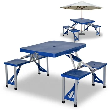 Plastic Blue Integrated Table And Chair Set Folding Table outdoor table chair with umbrella