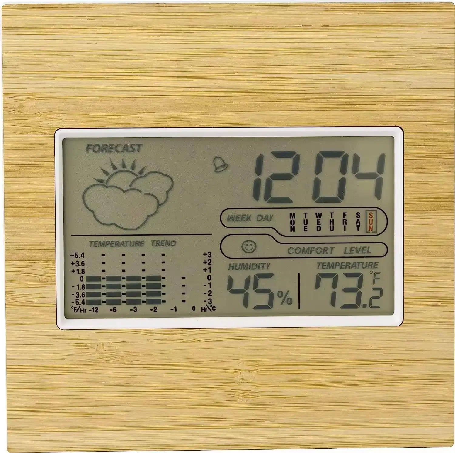 Bamboo Wooden Digital Home Weather Station Alarm Clock with Date Humidity Weather Forecast Temperature Clock