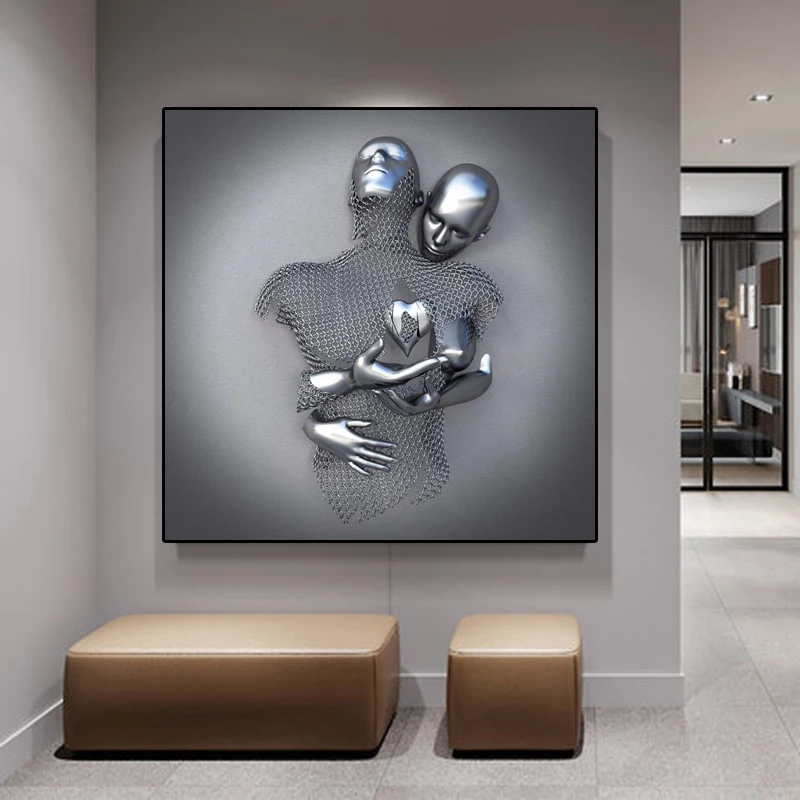 Abstract Metal and Sliver Figure Statue Canvas Paintings Modern Romantic Sculpture Poster Prints Wall Picture for Living Decor