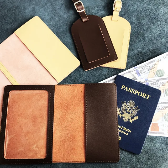 Premium Genuine Leather Luggage Tag Passport Cover Set Real Leather Suitcase Tag Travel Wallet Set for Promotion Can Custom Logo