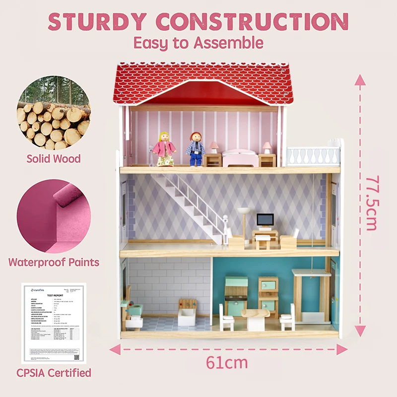 Large Doll House 3 Floors Big Wooden Kids Pretend Role Play Wooden Baby