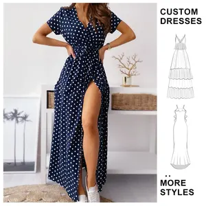 Custom Wholesale Lady Dress Summer Casual Boho Beach Dress Good Omens Print Split V-neck Holiday Party Dress
