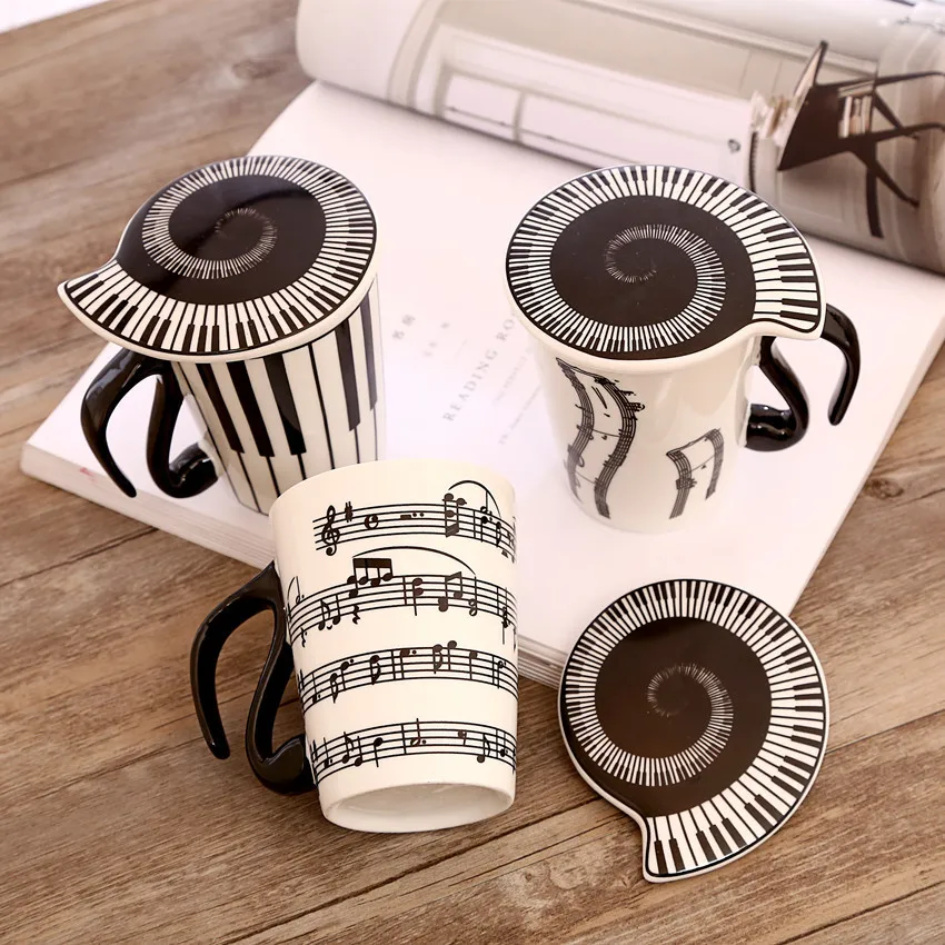 Creative Ceramic Music Notes Mark Water Lovers Keyboard Pair Cup Coffee Mug With Lid