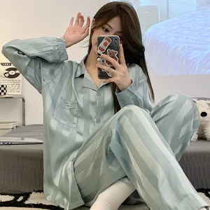 Women's Ice Silk Long Sleeve Pajamas Set Sexy Large Size Thin Home Clothes for Spring and Autumn