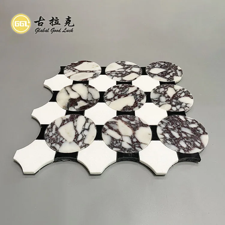 Luxury Design Water Jet White Stone Round Calacatta Viola Marble Mosaic Tile for Villa Hotel Decor supplier