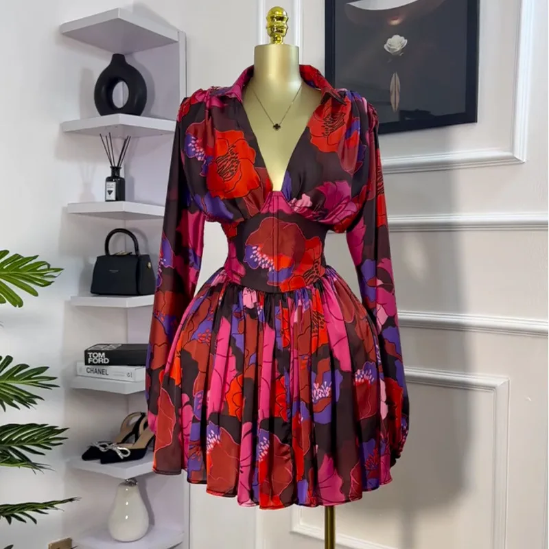 vintage printed v-neck long-sleeve elegant dress Allover Print V-Neck Dress  Casual Long Sleeve Midi Dress for Women,   Patricia boutique