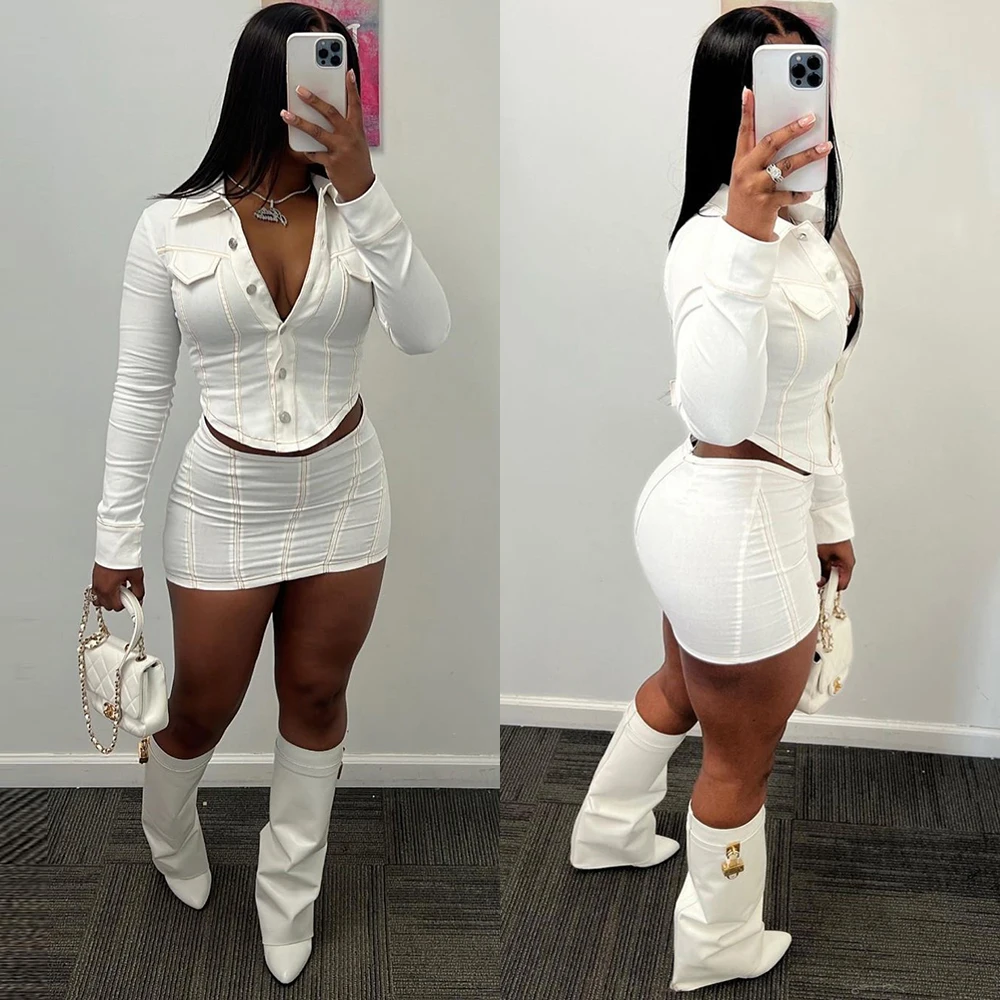 Casual summer 2 pieces skirt set with long sleeve crop top shirt cargo top and mini pencil skirt