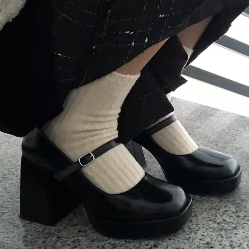 Elegant Mary Jane Shoes Platform Chunky Heel Autumn And Winter One Strap Square Toe Women High Heels Pumps - Image 1