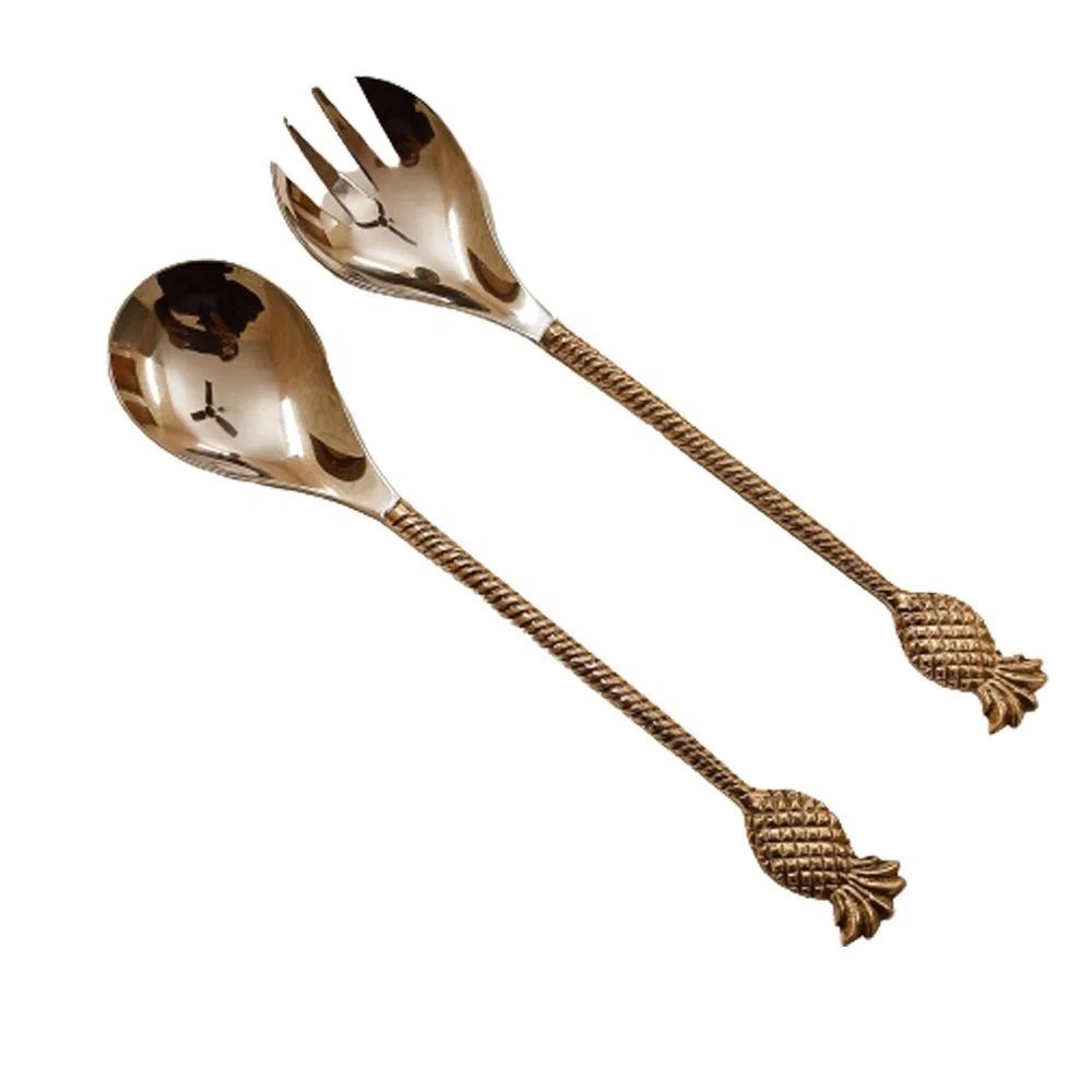 Посеребренная салатная подстилка из нержавеющей стали с латунной тисненой ребристой ручкой Дизайн пальмы Западный салатный сервер бюстгальтеры в стиле