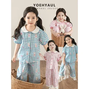 YOEHYAUL X5029 Breathable 2 Piece Short Sleeve Kids Summer Pajamas for Children 100% Cotton 1-8T Toddler Girls Sleepwear