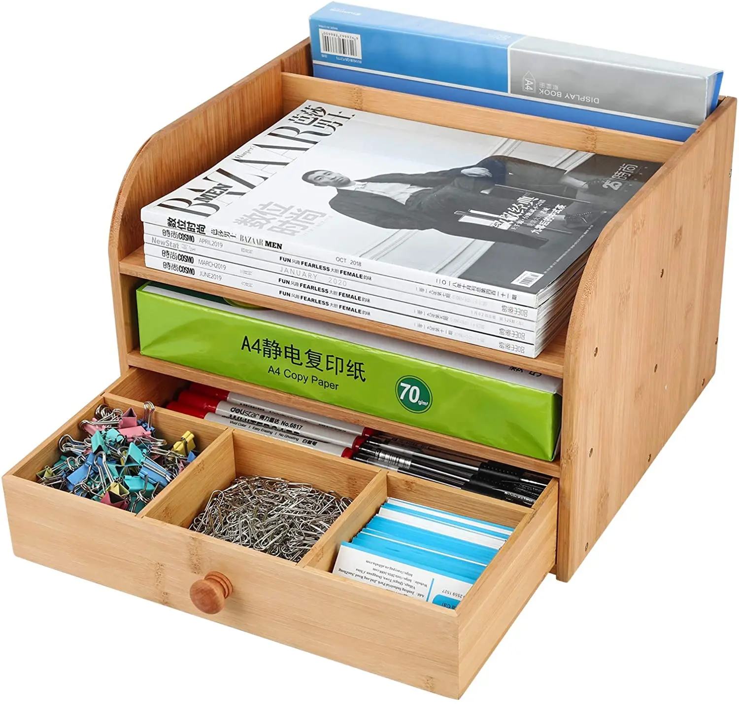 Bamboo Standing Type Three-Layer Multi-Purpose Multifunction Desk Organizer Drawer Office Supplies Storage Box Desktop