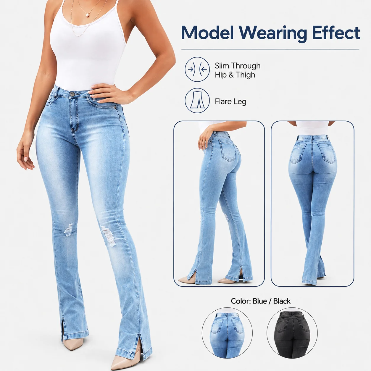 Ladies High Waist Wide Leg Raw Denim Trousers Pants Sexy Slim Skinny Fit Baggy Women's Jeans with Ripped Look