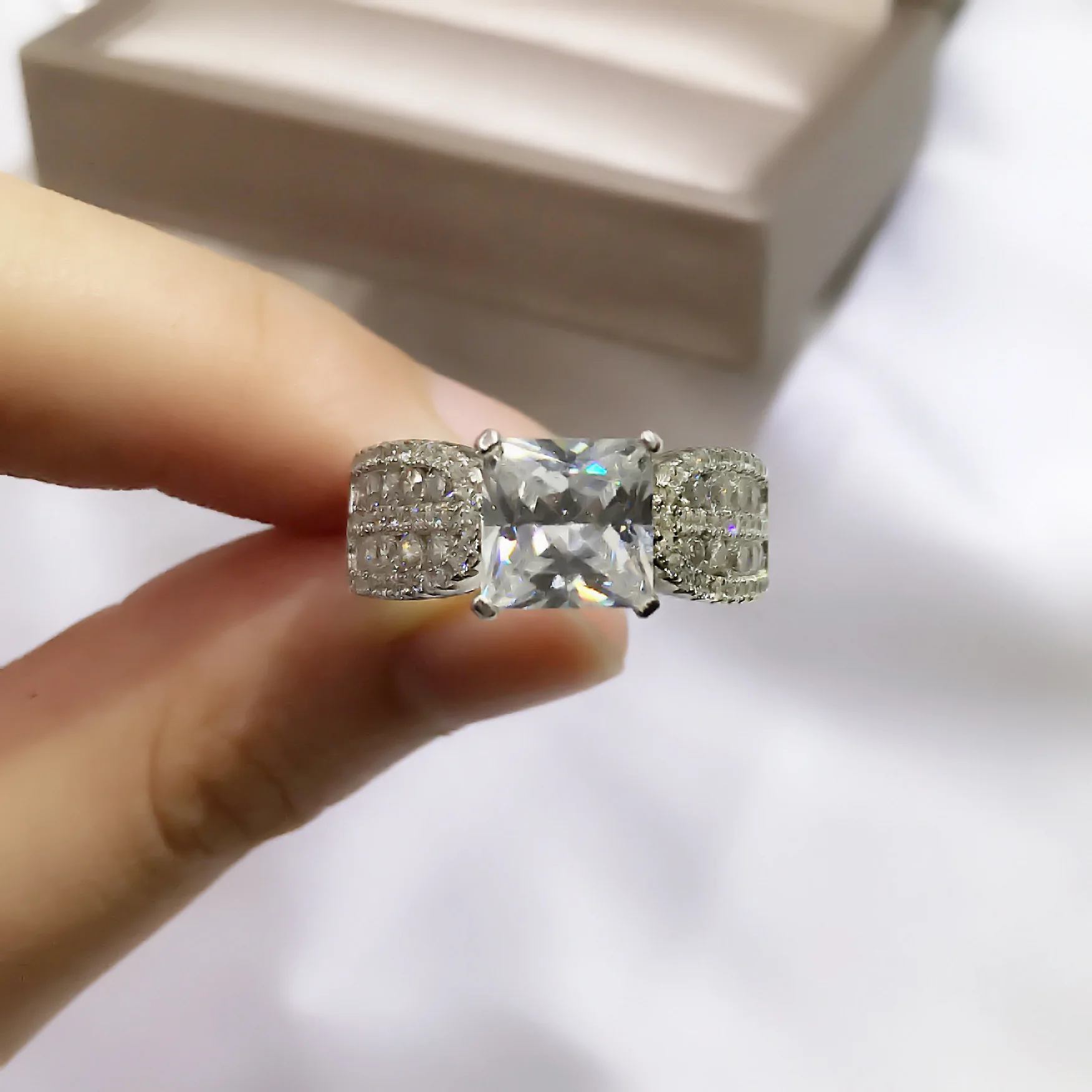 Womens 925 Sterling Silver Square Diamond Band Rings Jewelry