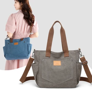 Hot Selling Women Multi Pockets Customized Versatile Tote Bag Reusable Casual Crossbody Shoulder Canvas Shopping Messenger Bag
