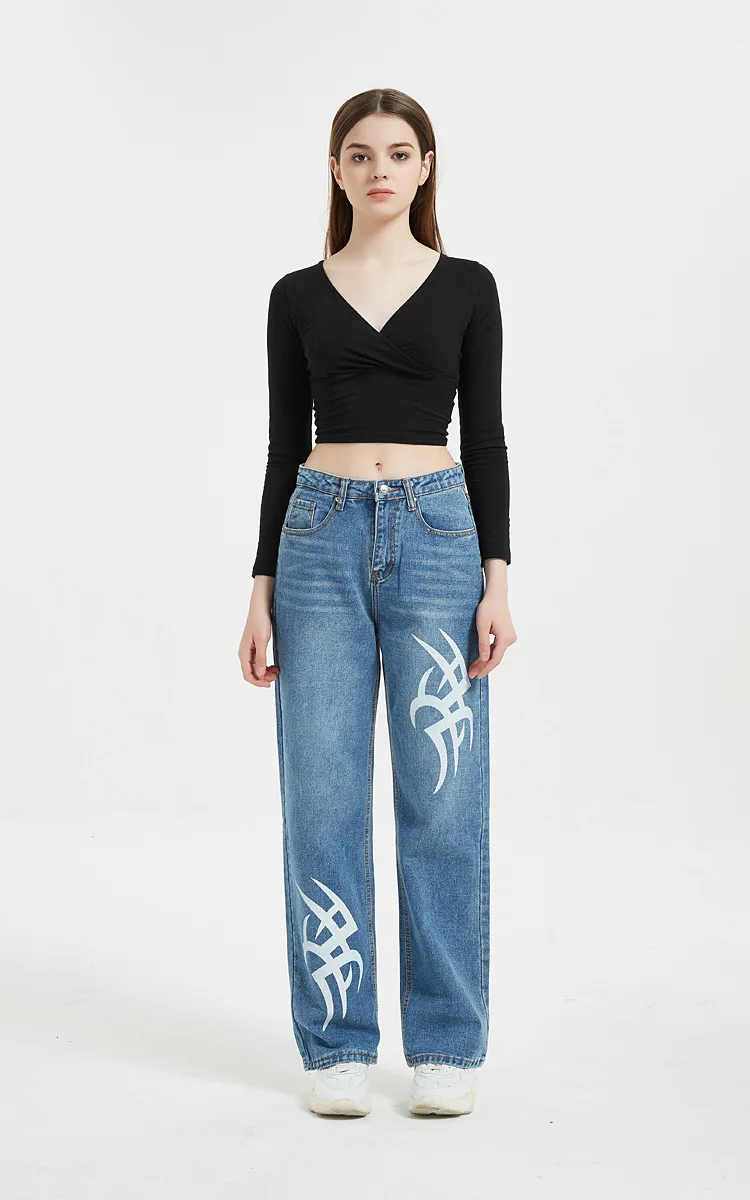 Custom Denim Straight Leg Pants Printed Fabric Denim Jeans Femmes Women's Pants Women Jeans