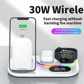 Alternative view of 30W 4 In1 Wireless Fast Charger Stand LED RGB Charging Dock Station with Digital Clock for iPhone 13 12 Earphone Watch 6 5