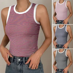 2026 Summer Tank Tops Casual Sports Style T Shirt Round Neck Knitted Contrasting Striped Top Vest Women's Clothing