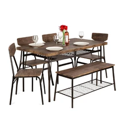 New Product Factory Price Modern Wooden Dining Tables and Chairs Sets with Metal Shelf and Legs for Home Dining Room
