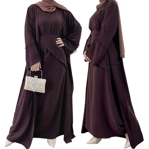 New Islamic Prayer Robe Three Pieces Set Open Front Flowy Chiffon Solid Casual Skirt Women Muslim Abaya Dress