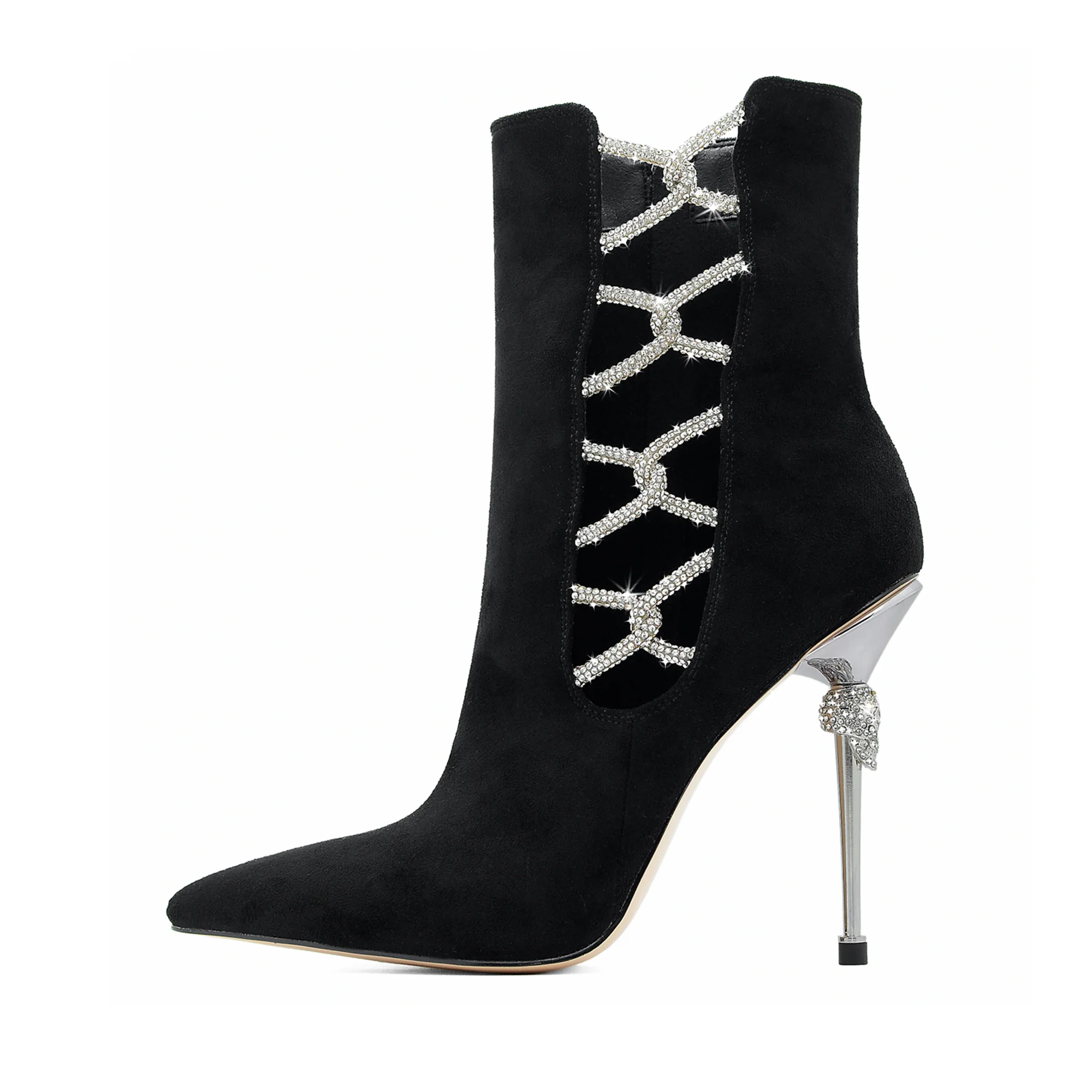 Factory's In-stock Pointed-toe Women's Short Boots with a Hollow Design Featuring Luxurious Skull Pattern and Metal High Heels