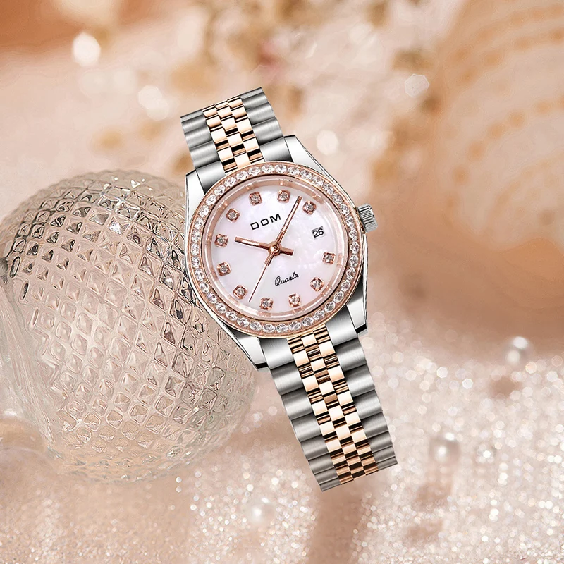 Luxus-Rose Gold-Strass-Beisel und Perlenmutter Zifferblatt Uhr für