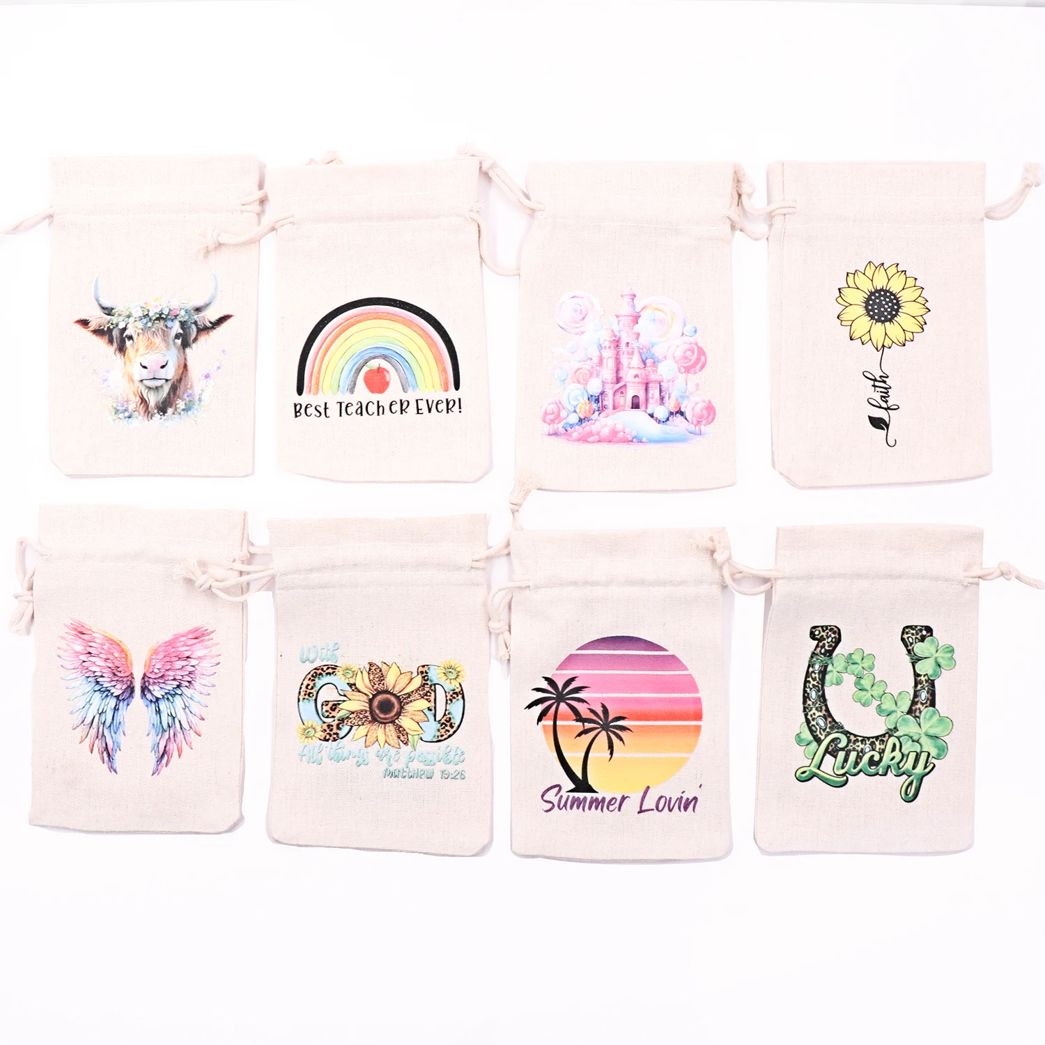 set of 2 - 13x18cm Cotton Drawstring Lockstitch edge St Patrick's Day Eco Friendly Gift Favor Bag Sublimation Rainbow God Faith