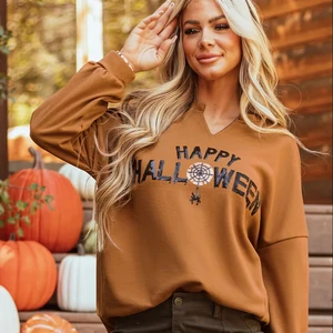 LYG Bestselling Custom White Long Sleeve Crew Neck Knitted Top Halloween Letter Print Pattern for Autumn/Winter Wholesale