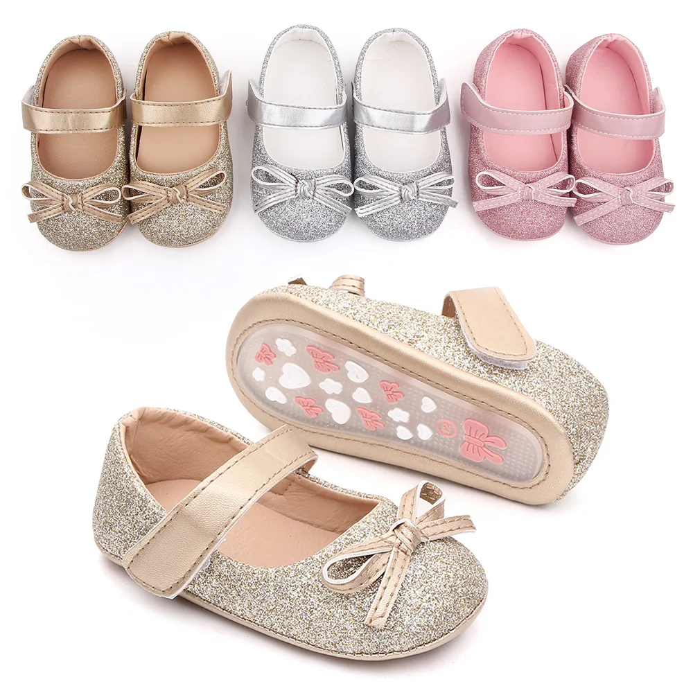 Spring and Summer New Sparkling Solid Color Glitter Bow Baby Girls Princess Walking Shoes manufacture