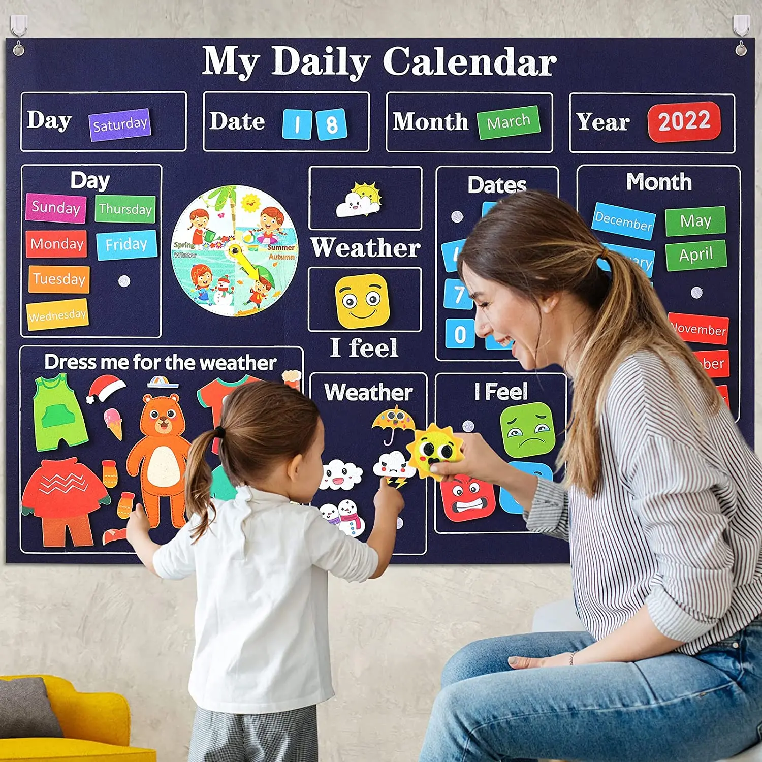 2024 My First Daily Calendar Day Week Chart must Haves Foldable Personalized Wall Felt Flannel Activity Board for Kids