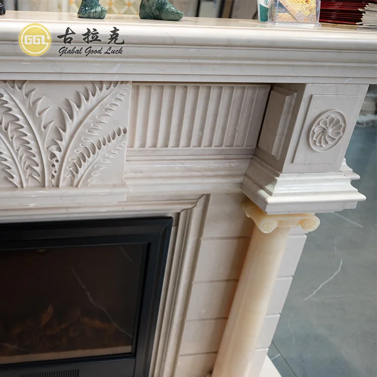 Home Fireplace Decorative Mantels Hand Carved White Marble Fireplace Mantel Surround