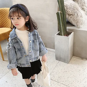 Pearls Beading Denim Jacket For Girls Fashion Coats Children Clothing Autumn Baby Girls Clothes Outerwear Jean Jackets Coat