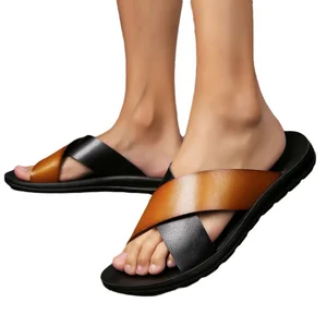 Summer New Korean Version Trend Sandals Men's Beach Shoes Slip-On Closure Type Non-Slip Flip-Flops Outdoor Wear Leather Slippers