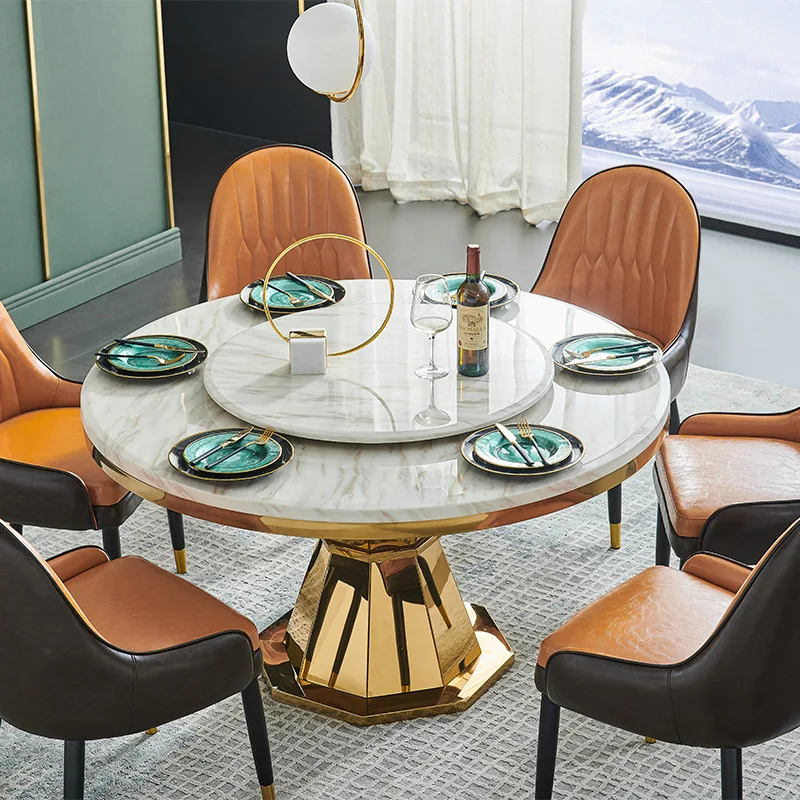 Luxury Gold Metal Frame Round Marble Top Dining Table Set for 6 ...