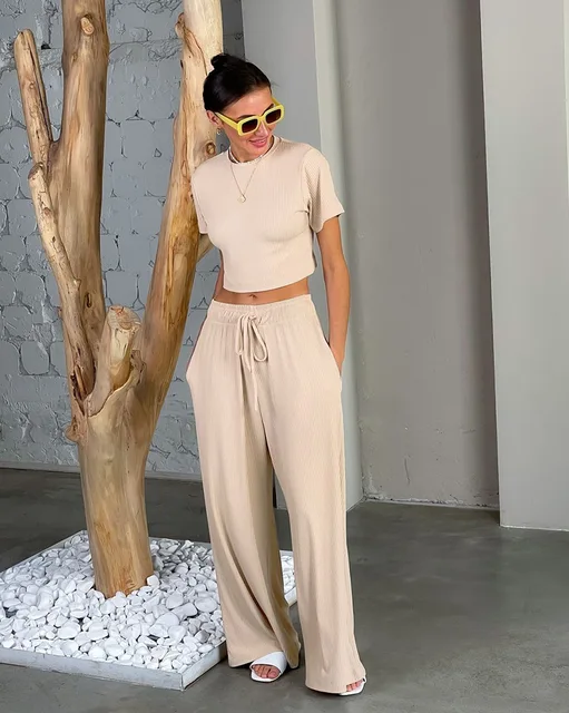 New Style Women Knitted Suits Solid Color Short Crop Top Long Pants Loose  2 Piece Outfit Set Loungewear Pajamas For Ladies
