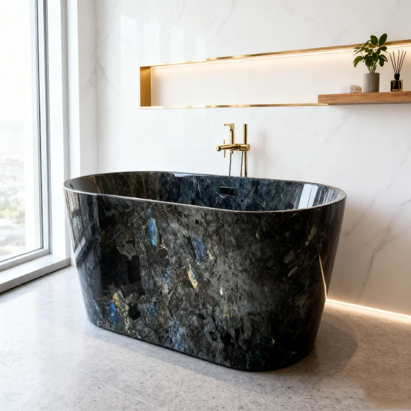 Bak Mandi Granit Modern Berwarna Biru Labradorit dari Batu Alam, Bak Mandi Rendam Mewah Ramah Lingkungan untuk Penggunaan di Hotel dan Apartemen dalam Ruangan