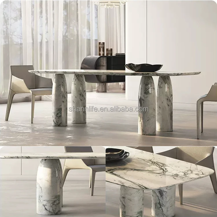 Italian Cream Marble Dining Table Round Shape Legs Natural Marble