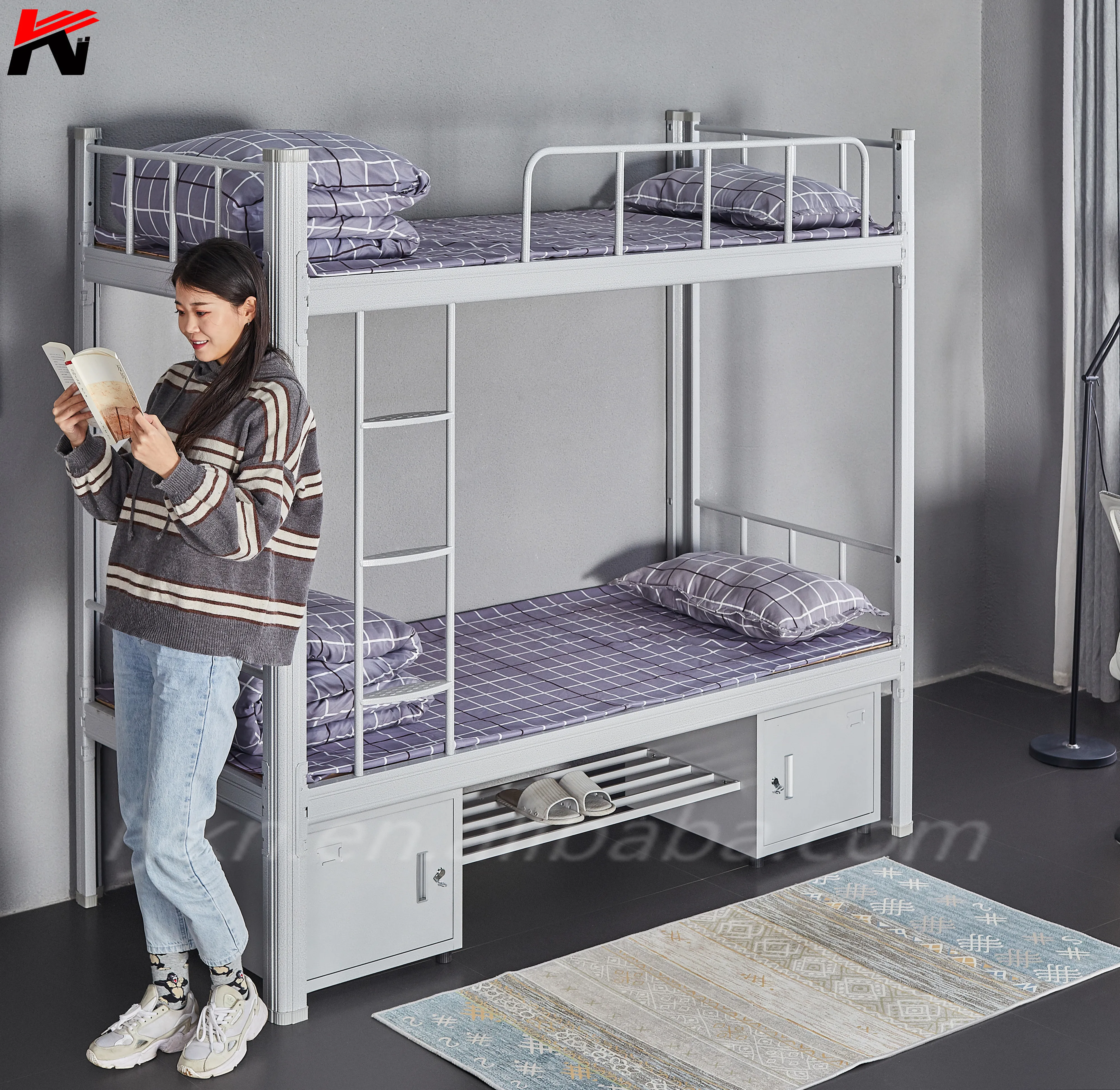 Современная школьная мебель, металлическая двухъярусная кровать с небольшим шкафом, кровать для университетской квартиры