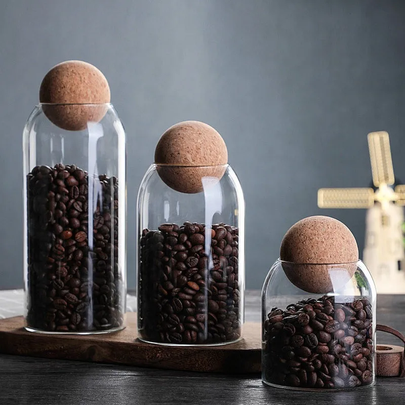 Kitchen luxury large food cookie slant container bottle bamboo ball lids high borosilicate glass storage jar