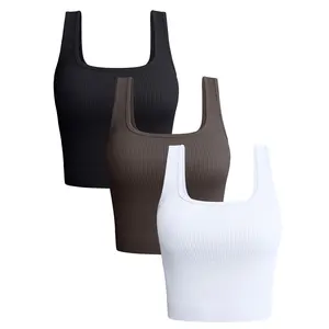 OQQ Women's Square Neck Wide Shoulder Strap Sleeveless Solid Color Sports Yoga Open Crop Top