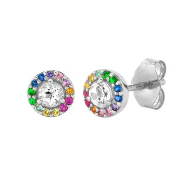 Gemnel 925 silver lasted design flower shape earring a radiant white topaz set in a halo of mini rainbow gemstones stud earring