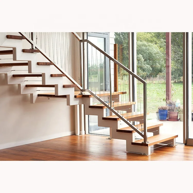 Zig Zag Stringer Wood Step Staircase With White Stair for Building Project