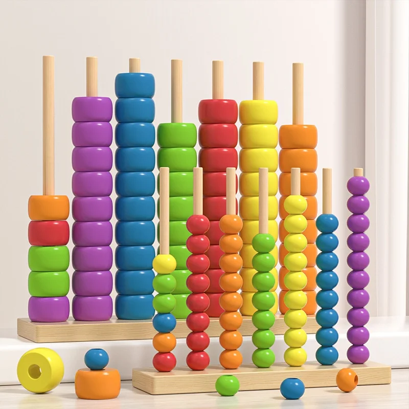 Wooden Colorful Bead Early Education Calculation Stand Fun Kindergarten Baby Training Wooden Puzzle Toy Matching Stacking Game
