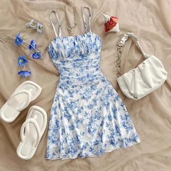 Plus Size Women Boho Floral Print Ruffle Hem Casual Beach Style Spaghetti Strap Dress with Mesh Fabric