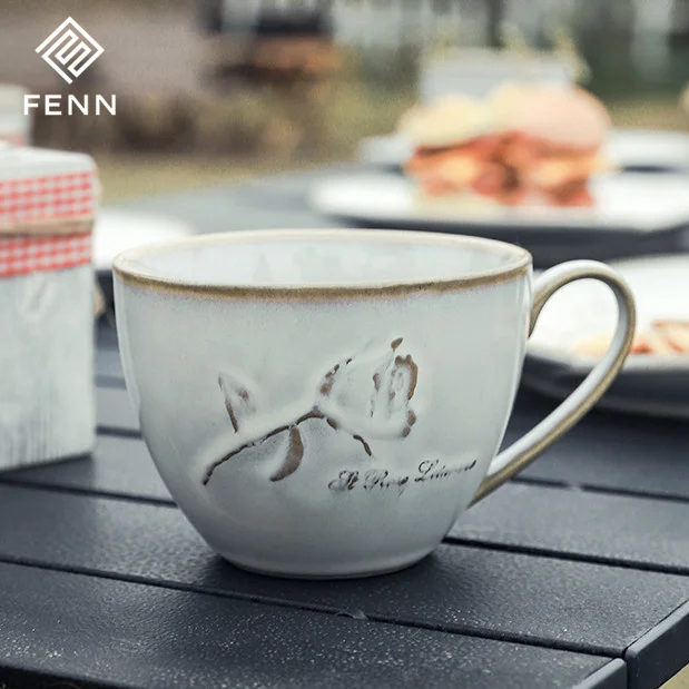 FENN European vintage style embossed rose porcelain reactive glaze chunky stoneware coffee mug retro ceramic tea cup coffee mugs