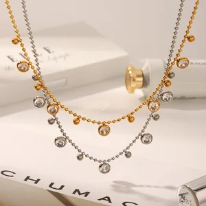 MW 18K Gold Plated Clear Zircon Charms Choker Jewelry Stainless Steel Bead Chain Round Zircons Necklace for Women Wholesale