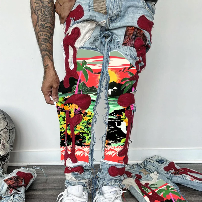 DiZNEW Custom Designer Acid Wash Glitter Stacked Jeans Pants Distressed Rip Vintage Jeans Streetwear Jeans
