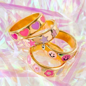 18k gold plated cute lovely pink pinky colorful enamel smile star heart women full finger band ring