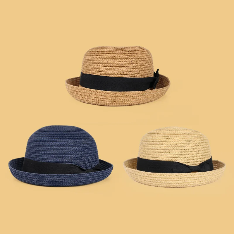 Damen-Strohhut mit breiter Krempe, Schleife, Sonnenschutz im Sommer und faltbarem Schirm, modischer Strandhut für Reisen_voghion.com