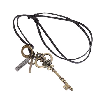 Key Pendant Leather Necklace 3 MM Width Brown Leather Crown And Cross Pendant Necklace