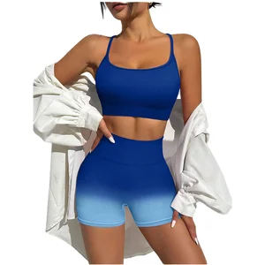 Sports Workout Yoga Two Pieces Set High Waist  Breathable  Adjusted Straps Bras  and Gradient Blue Shorts for Woman
